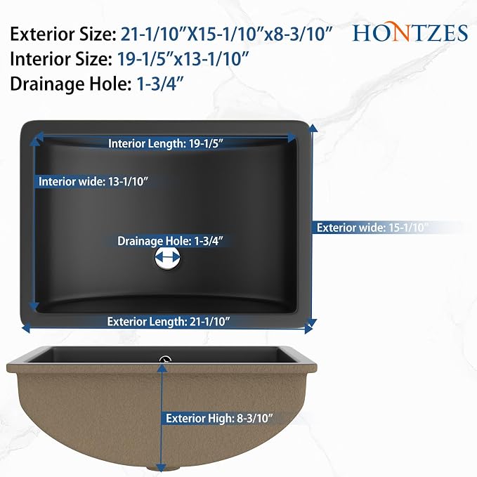 Black Undermount Bathroom Sink 21.1"x15.1"Ceramic Basin | Modern Porcelain Under Counter Bathroom Vanity Sink, Interior Bowl 19.2"x 13.1", Rectangular Undermount Basin with Overflow