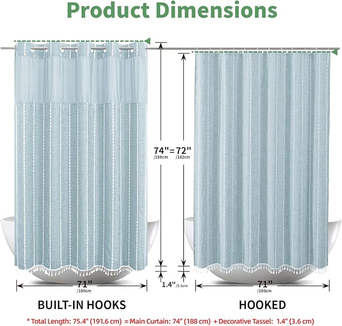 eachope Boho Farmhouse No Hook Shower Curtain with Liner,71x74,Fog Blue | Snap-in Liner,330GSM Thick Linen Textured Rustic Striped Design,Water-Repellent with Tassels and Sheer Window for Bathroom