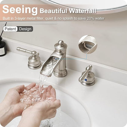 Waterfall Bathroom Faucet Matte Brushed Nickel, Brass 3 Hole Faucet Bathroom Sink Faucet Widespread 4-16 Inch Faucet for Bathroom Sink, 2 Handle Bathroom Faucets with Pop-up Drain & Water Hoses