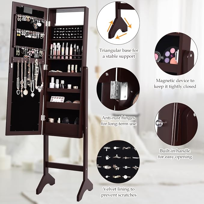 Moccha 18 LEDs Standing Jewelry Armoire, Large Lockable Jewelry Organizer, Mirrored Jewelry Cabinet with Full Length Mirror, 1 Inside Makeup Mirror, 4 Storage Shelves, 16 Lipstick Holders, Brown
