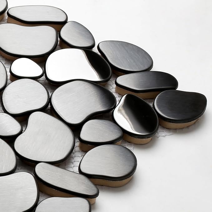 Black Tile Backsplash Pebble Tile Metal Mosaic Tiles for Kitchen Backsplash Bathroom Shower Floor【5 Sheets】