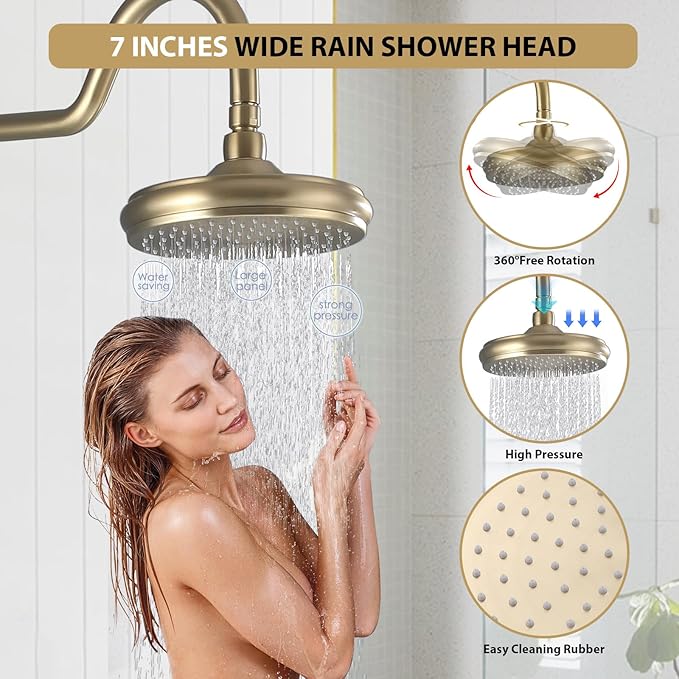Rainfall Shower System with Handheld Sprayer,Brushed Gold Antique Shower Faucet Sets,Shower Fixture Combo with Brass Pressure Balance Valve,Complete Shower System Kit with Foldable Tub Spout