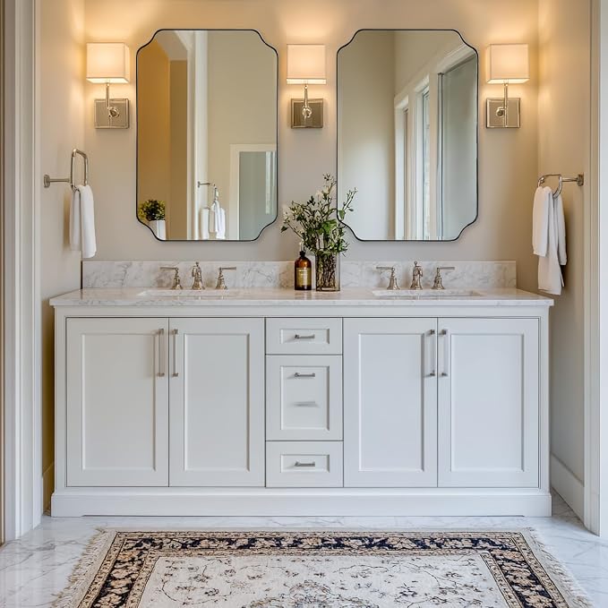 Chrome Bathroom Mirror, 24x36 Inch Polished Chrome Rectangle Mirror, Scalloped Bathroom Mirror with Stainless Steel Metal Frame, Thin Frame Deep 1’’
