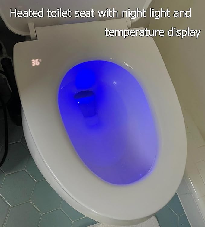 Heated Toilet Seat with Temperature Display and Built-in Side Control, 3-Speed Heating Mode Elongated Toilet Seats with Earth Leakage Protection, Slow Close Warming Toilet Seat with Auto Night Light