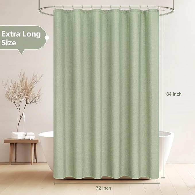 Sage Green Farmhouse Fabric Shower Curtain, 72 x 84 Inch Extra Long Natural Faux Linen Textured Shower Curtain Washable, Water-Resistant Country Rustic Thick Bathroom Curtain Ultra-Durable