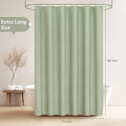Sage Green Farmhouse Fabric Shower Curtain, 72 x 84 Inch Extra Long Natural Faux Linen Textured Shower Curtain Washable, Water-Resistant Country Rustic Thick Bathroom Curtain Ultra-Durable