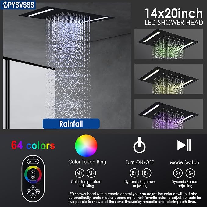 Thermostatic Shower System with 14x20 Inch Ceiling Mount LED Head & 6 Inch Wall Head and Handheld Shower 4 Function Vale with body jets, Oil Rubbed Bronz