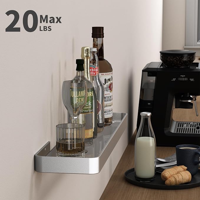 20 Inch Long Floating Shelf, Clear Tempered Glass Wall Shelf with Matte Silver Aluminum Frame - Spacious and Stylish Storage for Your Home