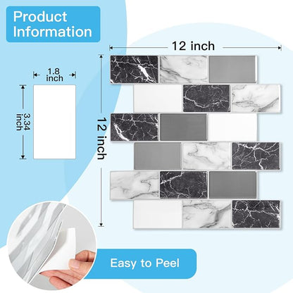 Art3d 10-Pack Marble Wall Tiles Peel and Stick Backsplash, Black White Grey | 12 x 12 Inch, Thickened Design, No Warping, Durable, Self-Adhesive, for Kitchen, Bedroom Decor, Ideal for New Home Buyers
