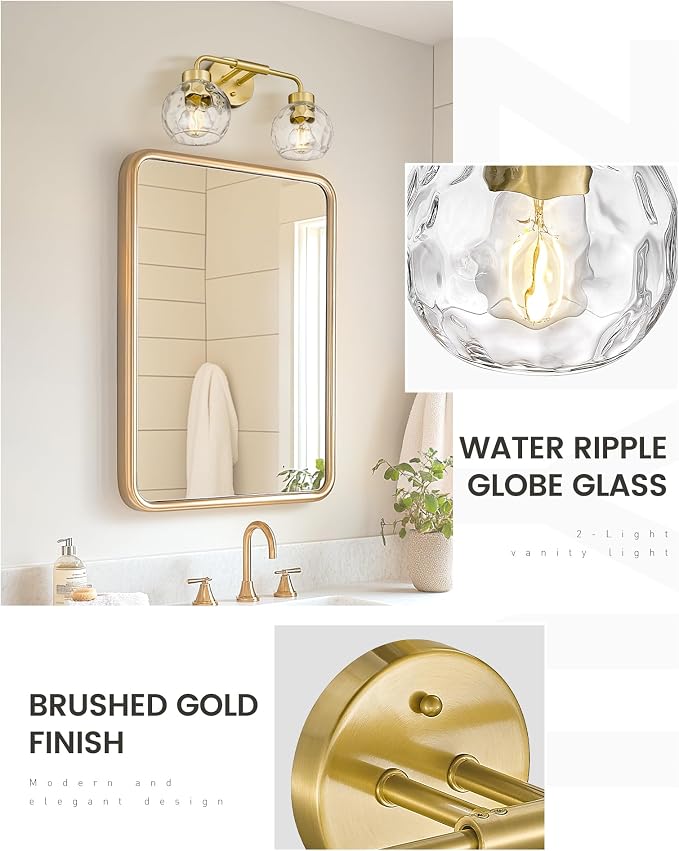 zeyu 2-Light Gold Globe Vanity Light, Water Ripple Glass, ZS62BG-2W BG-WG | Bathroom Lighting Fixtures Over Mirror, Water Ripple Globe Glass, Brushed Gold Finish, Metal And Glass Construction