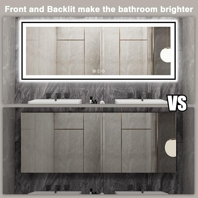 EchosLife 84x32 Large LED Bathroom Mirror - Black Aluminum Framed | Black Frame, Front and Backlit, Anti-Fog, Stepless Dimmable, 3 Colors, Memory, Tempered Glass, UL Listed, Horizontal/Vertical