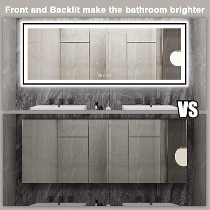 EchosLife 84x32 Large LED Bathroom Mirror - Black Aluminum Framed | Black Frame, Front and Backlit, Anti-Fog, Stepless Dimmable, 3 Colors, Memory, Tempered Glass, UL Listed, Horizontal/Vertical