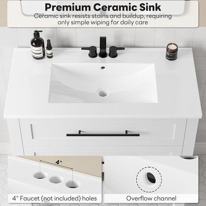 LIKIMIO 36" Bathroom Vanity with Sink, 2 Drawers & Open Shelf, White | Freestanding Bathroom Vanity, Integrated Ceramic Sink, U-Shaped Drawers, Modern Bathroom Storage Cabinet, Easy Assembly