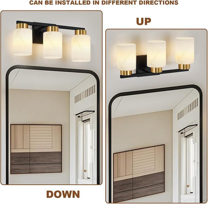 3-Light Bathroom Light Fixtures, Modern Vanity Lights, Black and Gold Metal Wall Lamp with White Marble Glass for Bathroom, Mirror, Living Room, Bedroom, Cabinet, Porch, Hallway, E26 Base