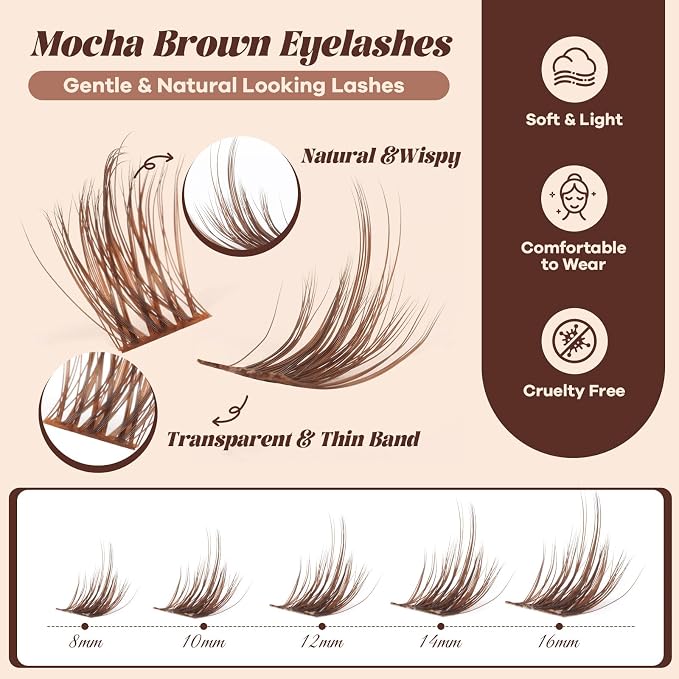 B&Q Brown Lash Clusters Kit Natural Mochalash Clusters 02, Wispy Eyelash Clusters Kit C-Curl Cluster Eyelash Extensions 8-16mm Brown Lash Eyelashes Kit for Fair/Dark Hair(Mochalash 02 Set)
