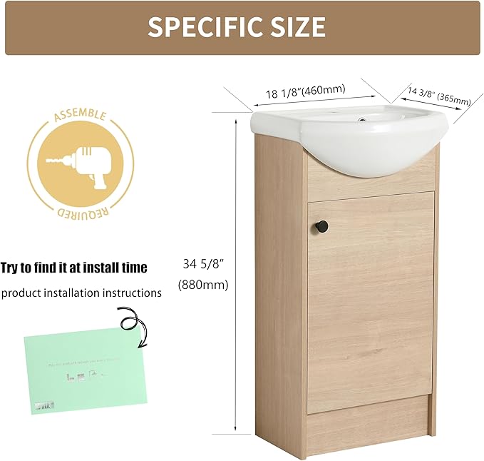 18 Inch Freestanding Bathroom Vanity, 18'' Floor Stand Bathroom Vanity with Sink, Single Sink Cabinet Combo, Modern Storage Cabinet, with Soft Closing Door, 02218PLO