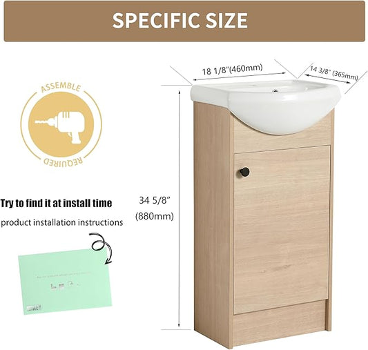 18 Inch Freestanding Bathroom Vanity, 18'' Floor Stand Bathroom Vanity with Sink, Single Sink Cabinet Combo, Modern Storage Cabinet, with Soft Closing Door, 02218PLO