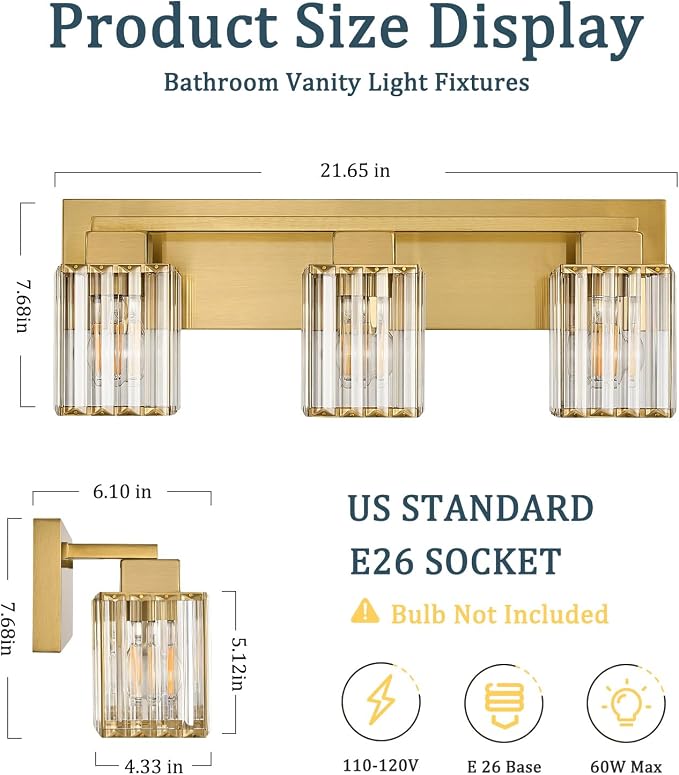 Brushed Gold Bathroom Light Fixtures, 3-Light Vanity Light Over Mirror | Wall Sconces with Square Crystal Shades, E26 Socket, Modern Vanity Lights for Bathroom (Bulbs Not Included)