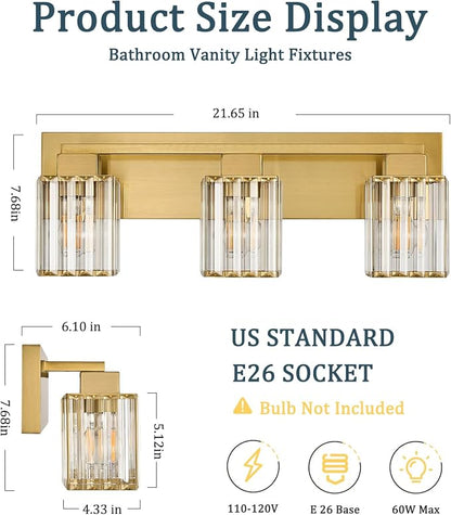 Brushed Gold Bathroom Light Fixtures, 3-Light Vanity Light Over Mirror | Wall Sconces with Square Crystal Shades, E26 Socket, Modern Vanity Lights for Bathroom (Bulbs Not Included)