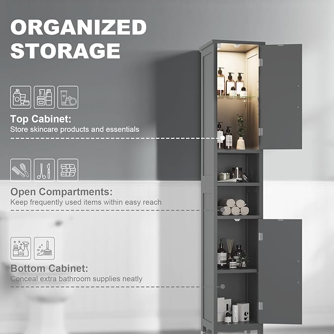 67" Tall Bathroom Storage Cabinet with Lights, Slim Narrow Bathroom Cabinet Organizer with Doors and Adjustable Shelves, Tall Cabinet for Small Space (66.9" Tall-Grey with Light)