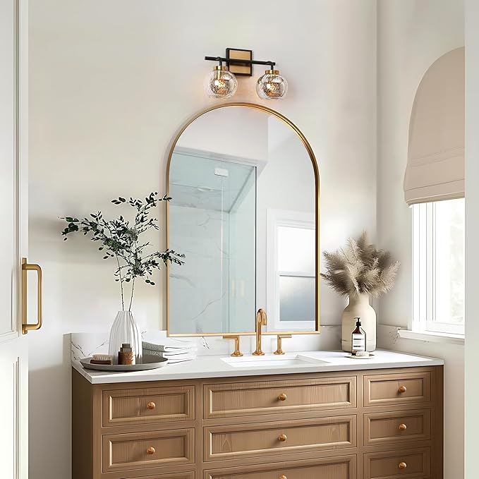 KSANA Black Gold Vanity Light, Modern Bathroom Light Fixture with Mercury Glass Shade, Brass 2-Light Globe Wall Sconce Over Mirror