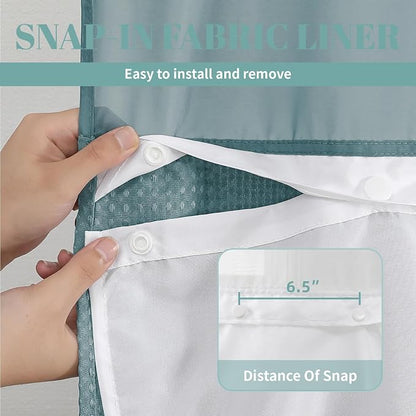 No Hook Waffle Shower Curtain with Snap-in Liner, 71x74 Inch, Seaweed Green | 230 GSM waffle weave fabric, waterproof liner set with 2 bottom magnets, mesh top window, washable, for bathroom or hotel use