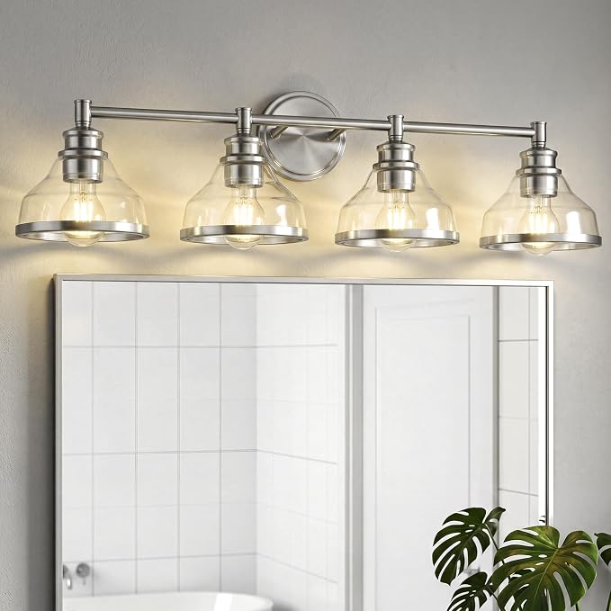 kudos 4-Light Brushed Nickel Vanity Light, Clear Glass Shade | 33" bathroom light fixtures over mirror, upward or downward, E26 base, bulbs not included, Hardwired, KDVL20-BN-4