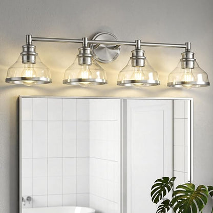 kudos 4-Light Brushed Nickel Vanity Light, Clear Glass Shade | 33" bathroom light fixtures over mirror, upward or downward, E26 base, bulbs not included, Hardwired, KDVL20-BN-4