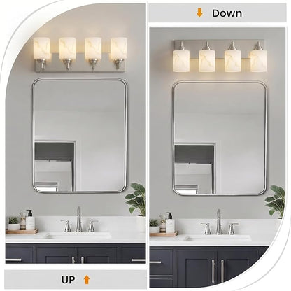 4-Light Bathroom Light Fixture, Brushed Nickel Modern Vanity Light with White Marble Glass Shade, for Bathroom Mirror, Living Room, Bedroom, Hallway, E26 Base, Extended Base