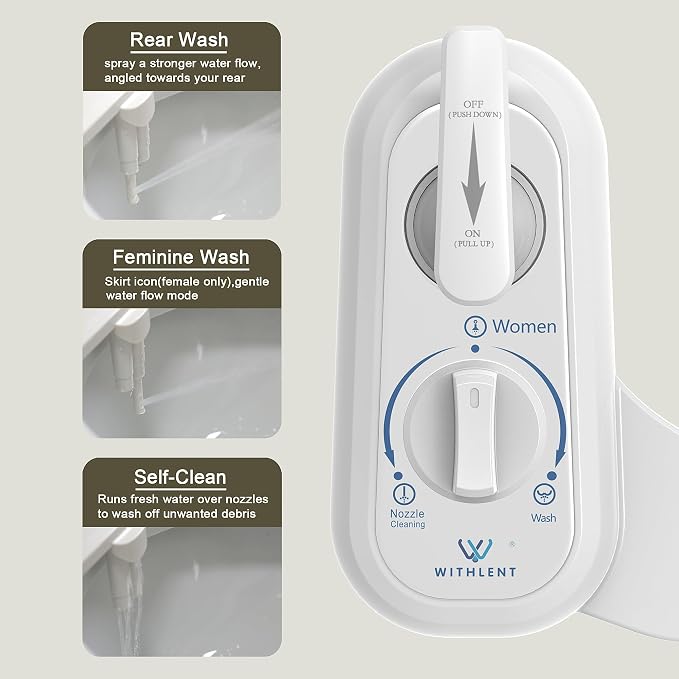 Left Hand Bidet Attachment for Toilet - Control Panel on Left Side - Self-Cleaning Dual Nozzle for Front and Rear Wash,Non-Electric Adjustable Water Pressure, Water Bidet Toilet Seat Attachment