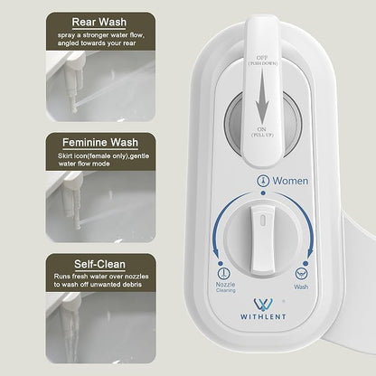 Left Hand Bidet Attachment for Toilet - Control Panel on Left Side - Self-Cleaning Dual Nozzle for Front and Rear Wash,Non-Electric Adjustable Water Pressure, Water Bidet Toilet Seat Attachment