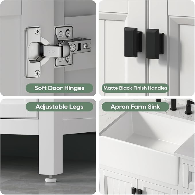48 Inch White Bathroom Vanity with Sink, Farmhouse Bathroom Vanities Cabinet with Soft Closing Doors & Dovetail Drawers, Vanity for Bathroom with Apron Farm Sink, Solid Wooden Frame
