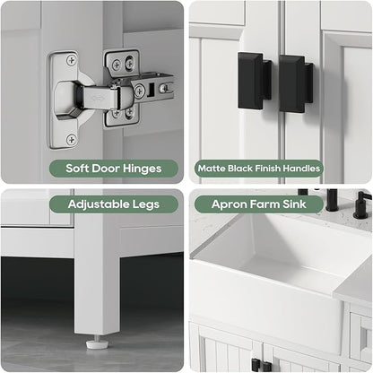 48 Inch White Bathroom Vanity with Sink, Farmhouse Bathroom Vanities Cabinet with Soft Closing Doors & Dovetail Drawers, Vanity for Bathroom with Apron Farm Sink, Solid Wooden Frame
