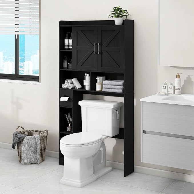 Vabches Over The Toilet Storage Cabinet with 2 Barn Doors, Black | Farmhouse Storage Cabinet with Toilet Paper Holder Stand，Home Space-Saving Toilet Rack, for Bathroom, Restroom, Laundry
