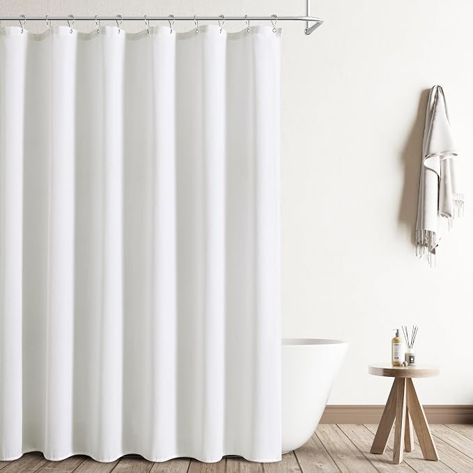 80 Inch Long Shower Curtain, Tall Elegant Modern Farmhouse Country Style Hotel Shower Curtain Set with 12 Hooks, Linen Textured Weighted Fabric Bath Curtains for Bathroom, White, 72x80