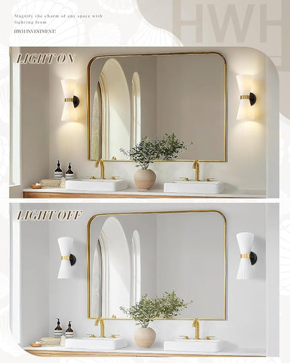 Wall Sconces Set of Two, HWH 14.3 Inch Black and Gold Bathroom Sconces with Frosted Milk White Striped Glass, Up Down Modern Wall Light fixtures for Living Room Bedroom, 5HZG97B-2W-2PK BK+BG