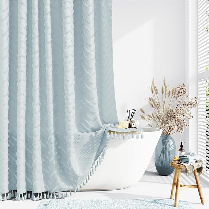 Boho Farmhouse Shower Curtain Tufted Chevron 72"x72" Fog Blue | Elegant Tassel, Soft Lightweight Textured Fabric, Water Repellent, Washable, Hotel Spa, for Bathroom/Dorm/Apartment 12 Hooks