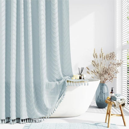 Boho Farmhouse Shower Curtain Tufted Chevron 72"x72" Fog Blue | Elegant Tassel, Soft Lightweight Textured Fabric, Water Repellent, Washable, Hotel Spa, for Bathroom/Dorm/Apartment 12 Hooks