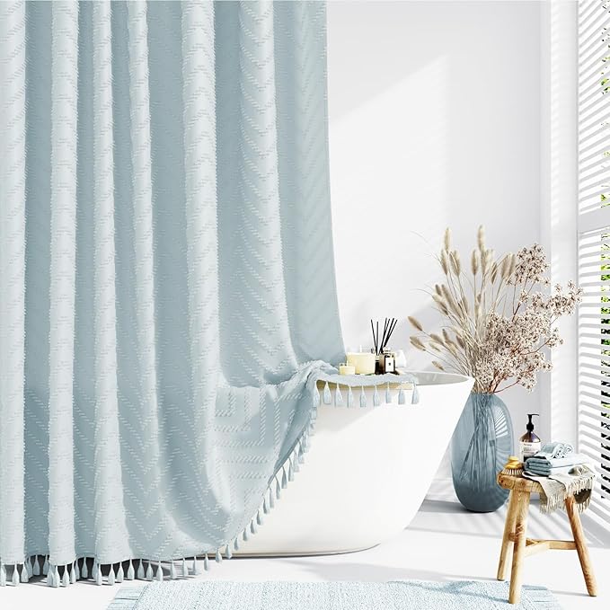Extra Long Boho Shower Curtain Tufted Chevron 72"x84" Fog Blue | 84 Inch Tall, Elegant Tassel, Lightweight Textured Fabric, Water Repellent, Washable, Hotel Spa, for Bathroom/Dorm 12 Hooks