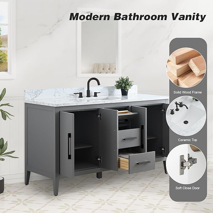 HOMEBEYOND 60 Inch Bathroom Vanity with Sink & Ceramic Top, Single Vanity Cabinet with Basin, Soft-Closing Doors & Matte Black Hardware, Grey