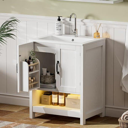 24 Inch Bathroom Vanity with Sink, Modern Bathroom Cabinet with LED Light, Bathroom Vanity Set, Double Soft Closing Cabinet Door with Organizer, White
