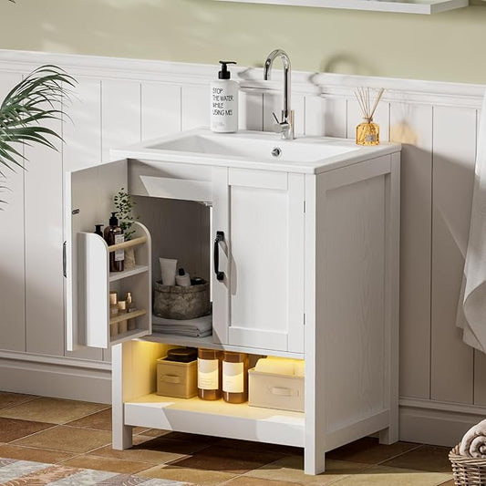 24 Inch Bathroom Vanity with Sink, Modern Bathroom Cabinet with LED Light, Bathroom Vanity Set, Double Soft Closing Cabinet Door with Organizer, White