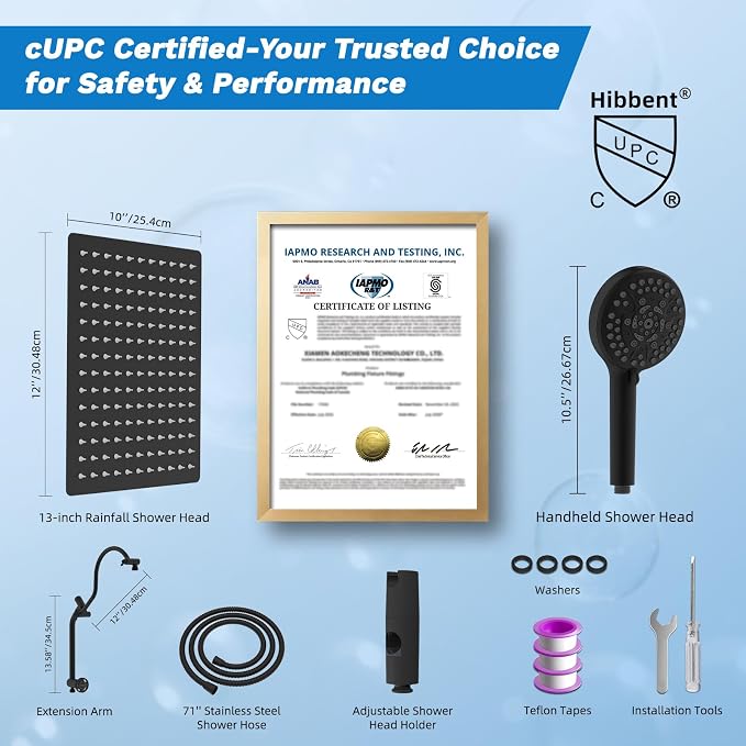 Hibbent High Pressue All Metal 12" Rainfall Shower Head, Handheld 10-Spray | cUPC Certified Matte Black Dual Showerhead Combo, 4-way Diverter with Pause Mode, Brass Extension Arm, 71'' Hose & Holder