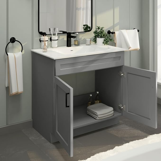 36" Light Grey Shaker Bathroom Vanity Base – Ready-to-Assemble Sink Cabinet, Freestanding Bathroom Vanity Base Only, No Top or Sink
