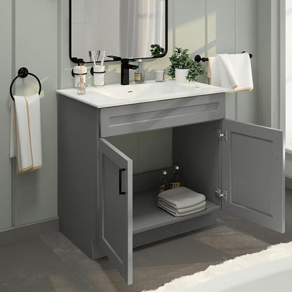 36" Light Grey Shaker Bathroom Vanity Base – Ready-to-Assemble Sink Cabinet, Freestanding Bathroom Vanity Base Only, No Top or Sink