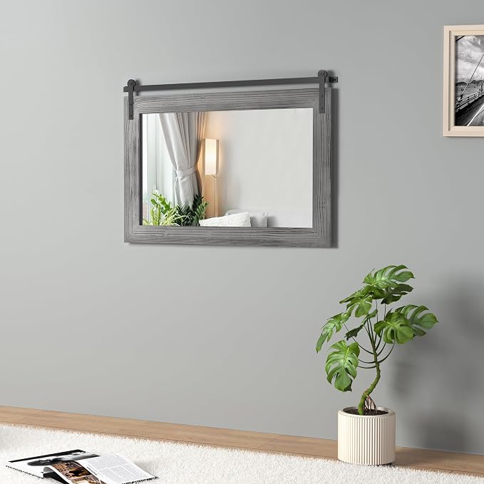 COGOOD Farmhouse Barn Door Mirror - 18 x 25 Grey | Rustic Wood Framed Vanity Mirror for Entryway, Living Room, Bedroom, Bathroom Wall Decor