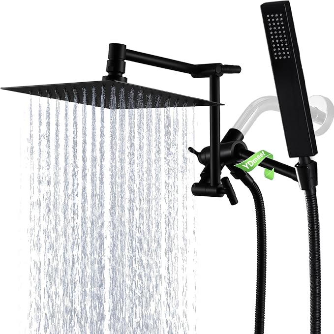 All Metal For California Rain Shower Head with Handheld Combo, YDmeet 8 Inch Rainfall Shower Head, 3-Way Diverter, Stainless Steel Handheld, 14" Adjustable Extension Arm, 71 Inch Hose, Matte Black