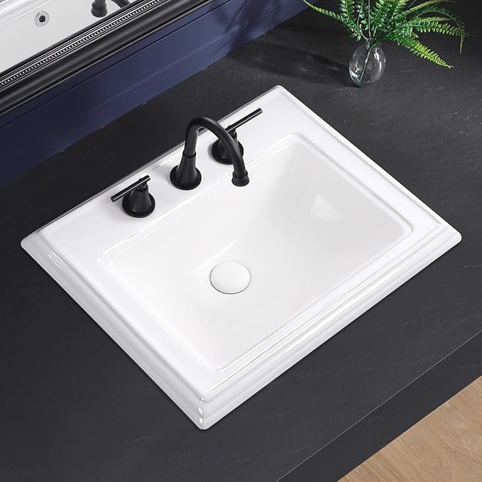 23"x18" Semi Recessed Bathroom Sink with 8-in Centerset Three 1.38" Faucet Hole Drop-in Vessel Sink White Porcelain Ceramic Modern Rectangular Sinks Basin Vanity Sinks with Overflow