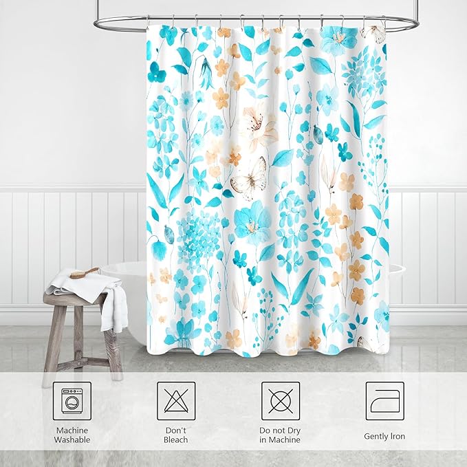 Aqua Blue Floral Shower Curtain, Cute Flower Fabric Shower Curtains for Bathroom, Teal Watercolor Wildflower Butterfly Cloth Shower Curtain Set with Hooks, 72x72