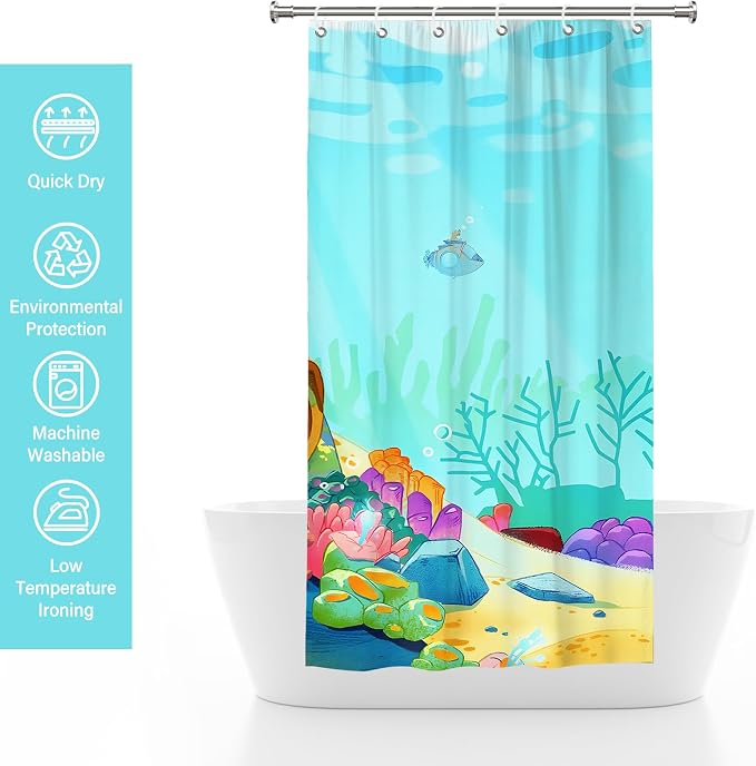 Cartoon Turquoise Underwater Coral Kids Shower Curtain Set 36x72 Inches | Cartoon Underwater Coral Print, Cute Beach Decor for Boys and Girls, Ideal for Kids Stall Bathroom & Housewarming Gift